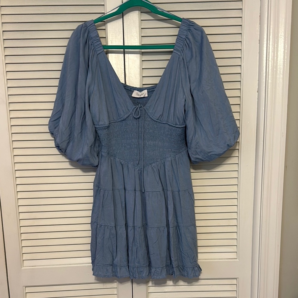 Chambray Blue Mini Dress with Puff Sleeves